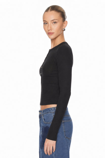 Sunzel Womens Henley Long Sleeve Crop Top Button Front Ribbed Fitted Shirt Black Basic Tee Spring Summer Going Out Top