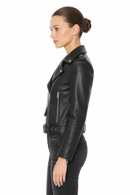 Sunzel Womens Faux Leather Moto Jacket Cropped Asymmetric Zip Biker Coat, Black Belted Biker Jacket with Silver Hardware Pockets