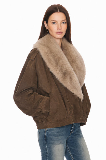 Sunzel Women's Faux Suede Bomber Jacket Faux Fur Collar Oversized Coat, Brown Winter Jacket with Pockets, Fall Fashion Outerwear