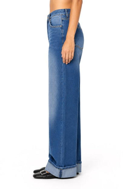 Sunzel Womens Rolled Cuff Wide Leg Jeans High Waisted Denim Pants Pocket Smoothing Casual Cropped Straight Jeans