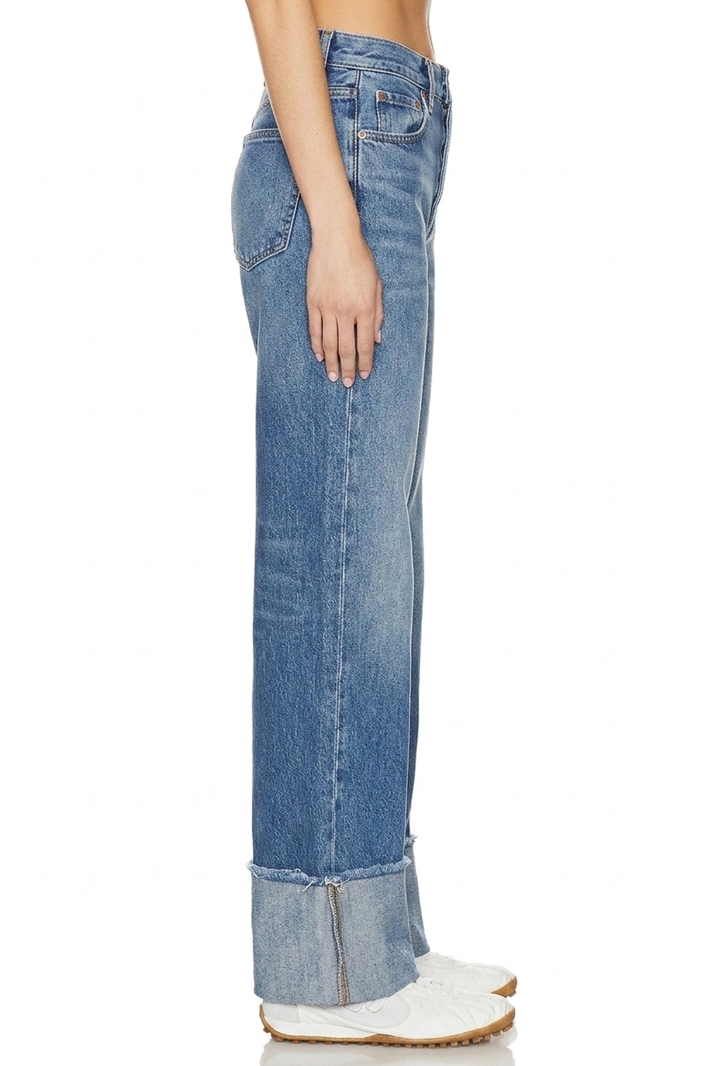 Sunzel Womens High Rise Wide Leg Jeans Cuffed Hem Washed Denim Pants with Patch Pockets