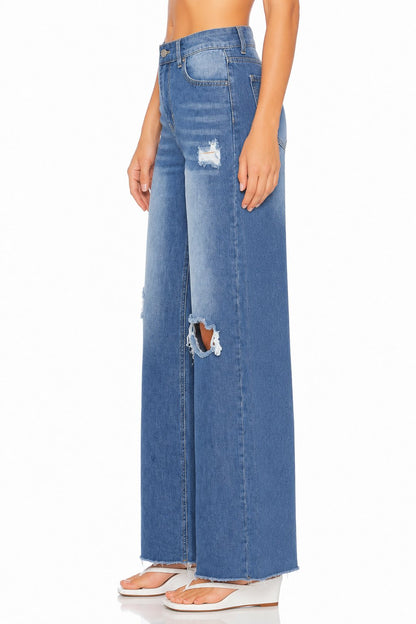 Sunzel Womens Ripped Wide Leg Jeans High Waisted Denim Pants Raw Hem Pocket Smoothing Loose Straight Casual Jeans