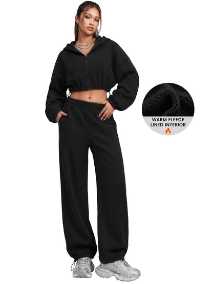 Sunzel Women's Two Piece Sweat Set Cropped Zip-Up Hoodie and Wide-Leg Pants