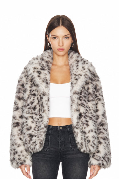 Sunzel Womens Leopard Faux Fur Coat Cropped Plush Winter Jacket, Snow Leopard Print Short Fuzzy Outerwear with Lapel Collar and Pockets