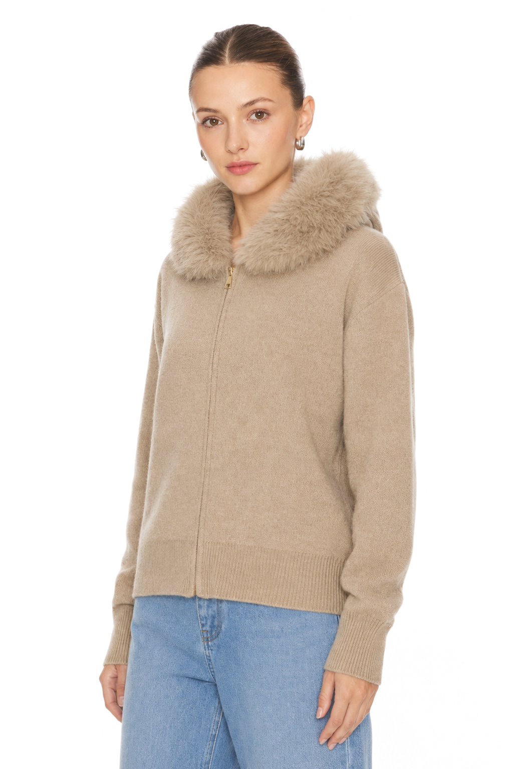 Sunzel WARM STYLISH KNIT COAT FOR WOMEN Faux Fur Collar Long Sleeve Zipper Cardigan Breathable Like Cotton Wrinkle-Resistant Perfect for Fall Winter Layering