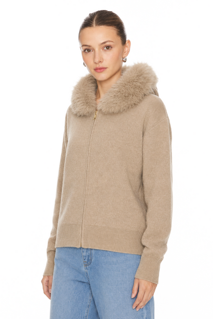 Sunzel WARM STYLISH KNIT COAT FOR WOMEN Faux Fur Collar Long Sleeve Zipper Cardigan Breathable Like Cotton Wrinkle-Resistant Perfect for Fall Winter Layering