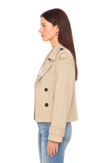 Sunzel Womens Cropped Trench Coat, Khaki Double Breasted Short Trench Jacket, Lapel Collar Long Sleeve Fall Outerwear with Button Cuffs