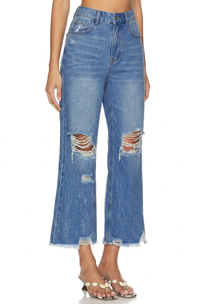 Sunzel Women's High Waisted Cropped Wide Leg Jeans Distressed Denim Pants, Frayed Hem Straight Leg Jeans with Pockets, Casual Vintage Jeans
