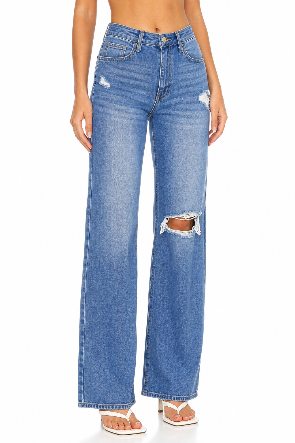 Sunzel Womens Ripped Wide Leg Jeans High Waisted Denim Pants Frayed Hem Pocket Smoothing Casual Street Jeans