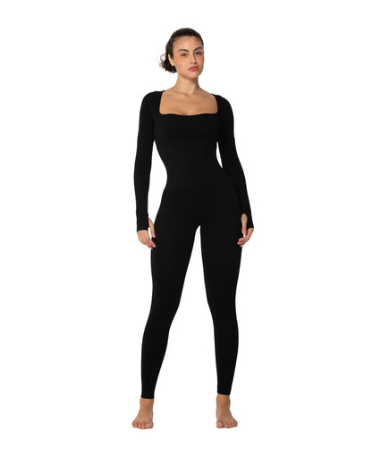 Women's Square Neck Long Sleeve Tummy Control Jumpsuits