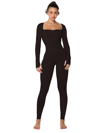 Women's Square Neck Long Sleeve Tummy Control Jumpsuits