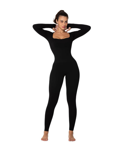 Women's Square Neck Long Sleeve Tummy Control Jumpsuits