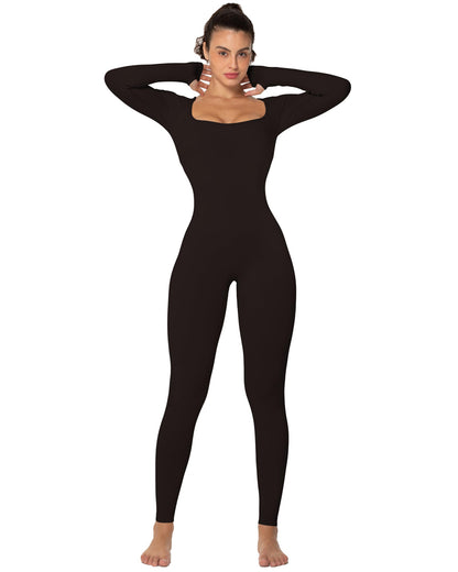 Women's Square Neck Long Sleeve Tummy Control Jumpsuits