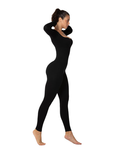 Women's Square Neck Long Sleeve Tummy Control Jumpsuits