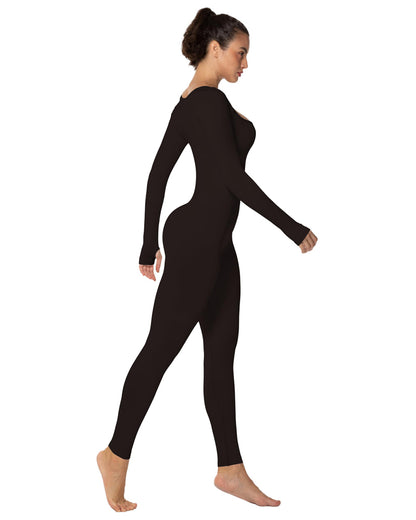 Women's Square Neck Long Sleeve Tummy Control Jumpsuits