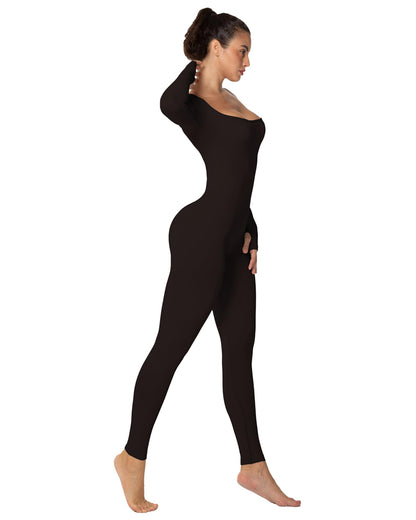 Women's Square Neck Long Sleeve Tummy Control Jumpsuits
