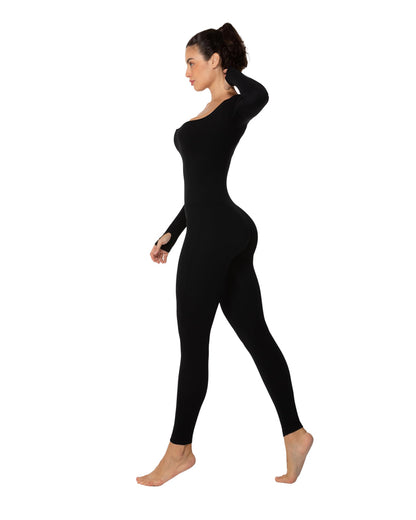 Women's Square Neck Long Sleeve Tummy Control Jumpsuits