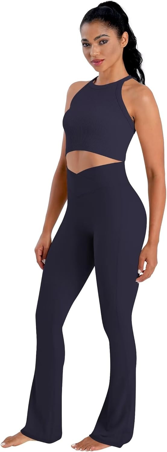 Sunzel No Front Seam Crossover Flare Leggings for Women Hidden Butt Lifting Scrunch Tummy Control Mini Flared Yoga Pants