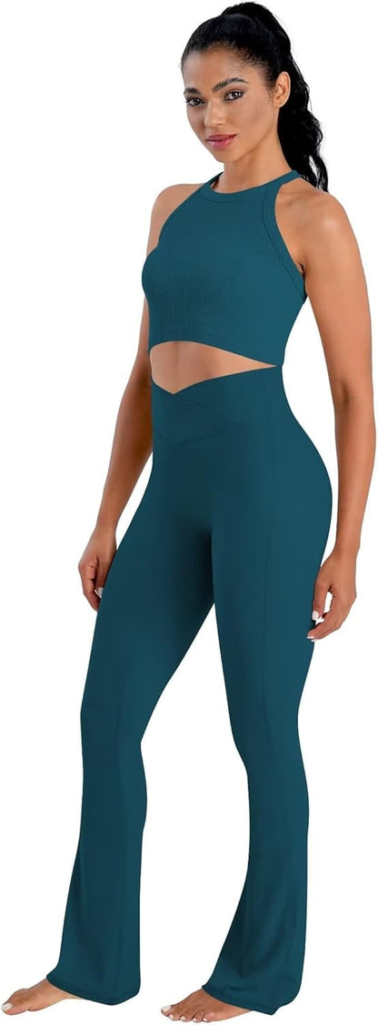 Sunzel No Front Seam Crossover Flare Leggings for Women Hidden Butt Lifting Scrunch Tummy Control Mini Flared Yoga Pants