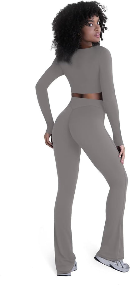 Sunzel No Front Seam Crossover Flare Leggings for Women Hidden Butt Lifting Scrunch Tummy Control Mini Flared Yoga Pants