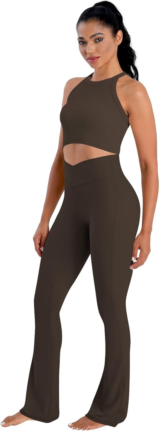 Sunzel No Front Seam Crossover Flare Leggings for Women Hidden Butt Lifting Scrunch Tummy Control Mini Flared Yoga Pants