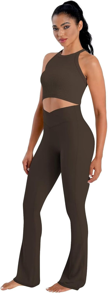 Sunzel No Front Seam Crossover Flare Leggings for Women Hidden Butt Lifting Scrunch Tummy Control Mini Flared Yoga Pants