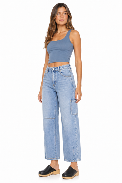 Sunzel Womens Cropped Cargo Jeans High Waisted Barrel Denim Pants Multi Pocket Smoothing Casual Utility Jeans