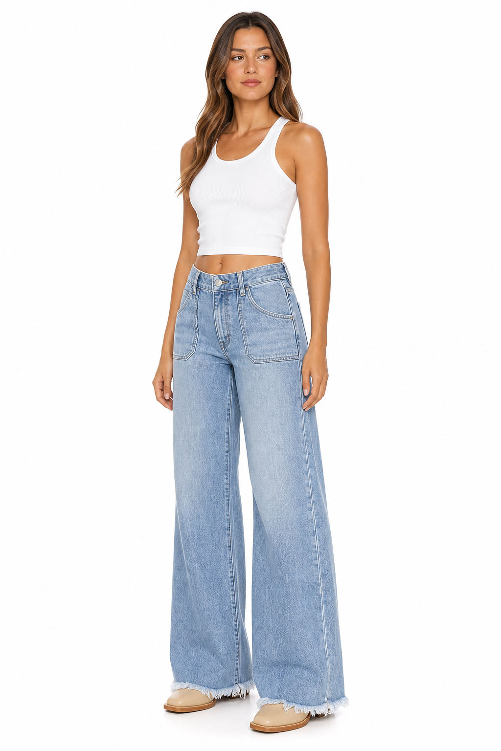 Sunzel Womens Frayed Hem Wide Leg Jeans High Waisted Denim Pants Large Pocket Smoothing Loose Casual Vintage Jeans