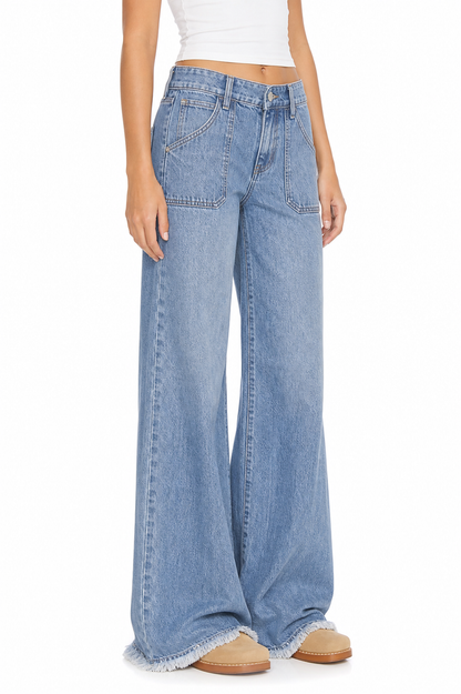 Sunzel Womens Frayed Hem Wide Leg Jeans High Waisted Denim Pants Large Pocket Smoothing Loose Casual Vintage Jeans
