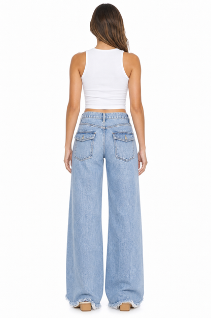 Sunzel Womens Frayed Hem Wide Leg Jeans High Waisted Denim Pants Large Pocket Smoothing Loose Casual Vintage Jeans