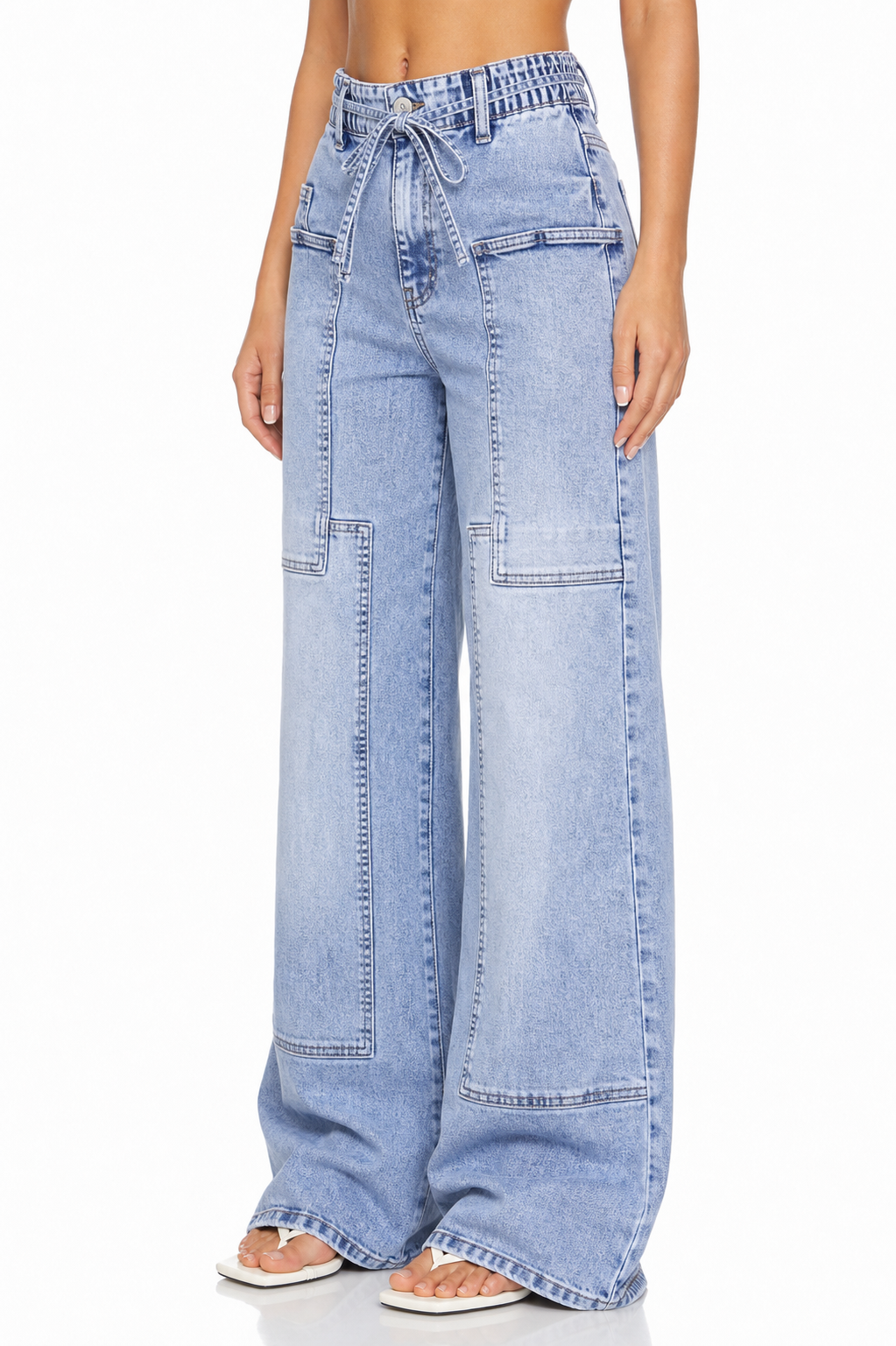 Sunzel Womens Drawstring Wide Leg Jeans High Waisted Denim Pants Cargo Pocket Smoothing Loose Street Jeans
