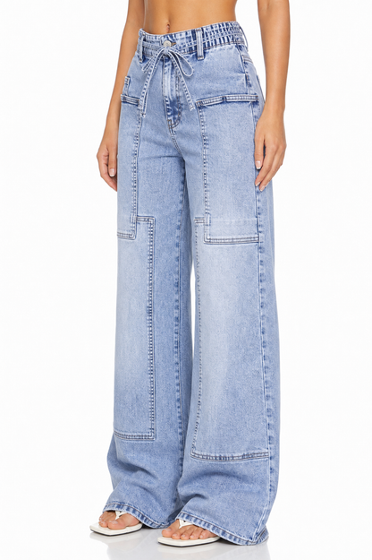 Sunzel Womens Drawstring Wide Leg Jeans High Waisted Denim Pants Cargo Pocket Smoothing Loose Street Jeans