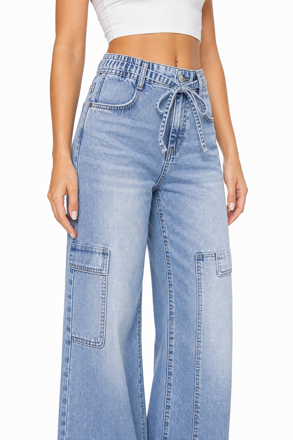 Sunzel Womens Drawstring Wide Leg Jeans High Waisted Denim Pants Cargo Pocket Smoothing Loose Street Jeans
