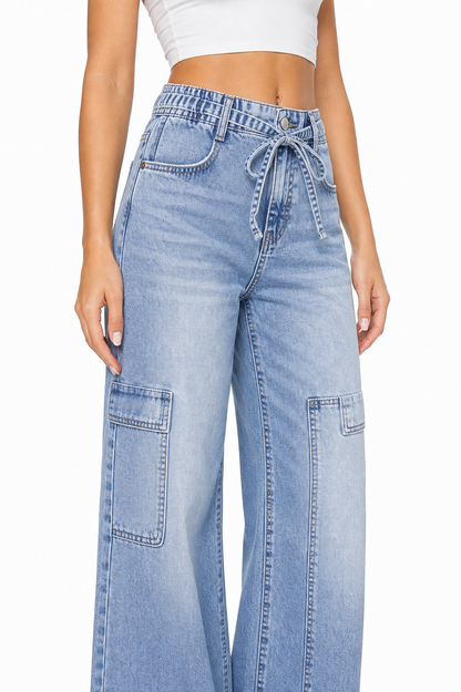 Sunzel Womens Drawstring Wide Leg Jeans High Waisted Denim Pants Cargo Pocket Smoothing Loose Street Jeans
