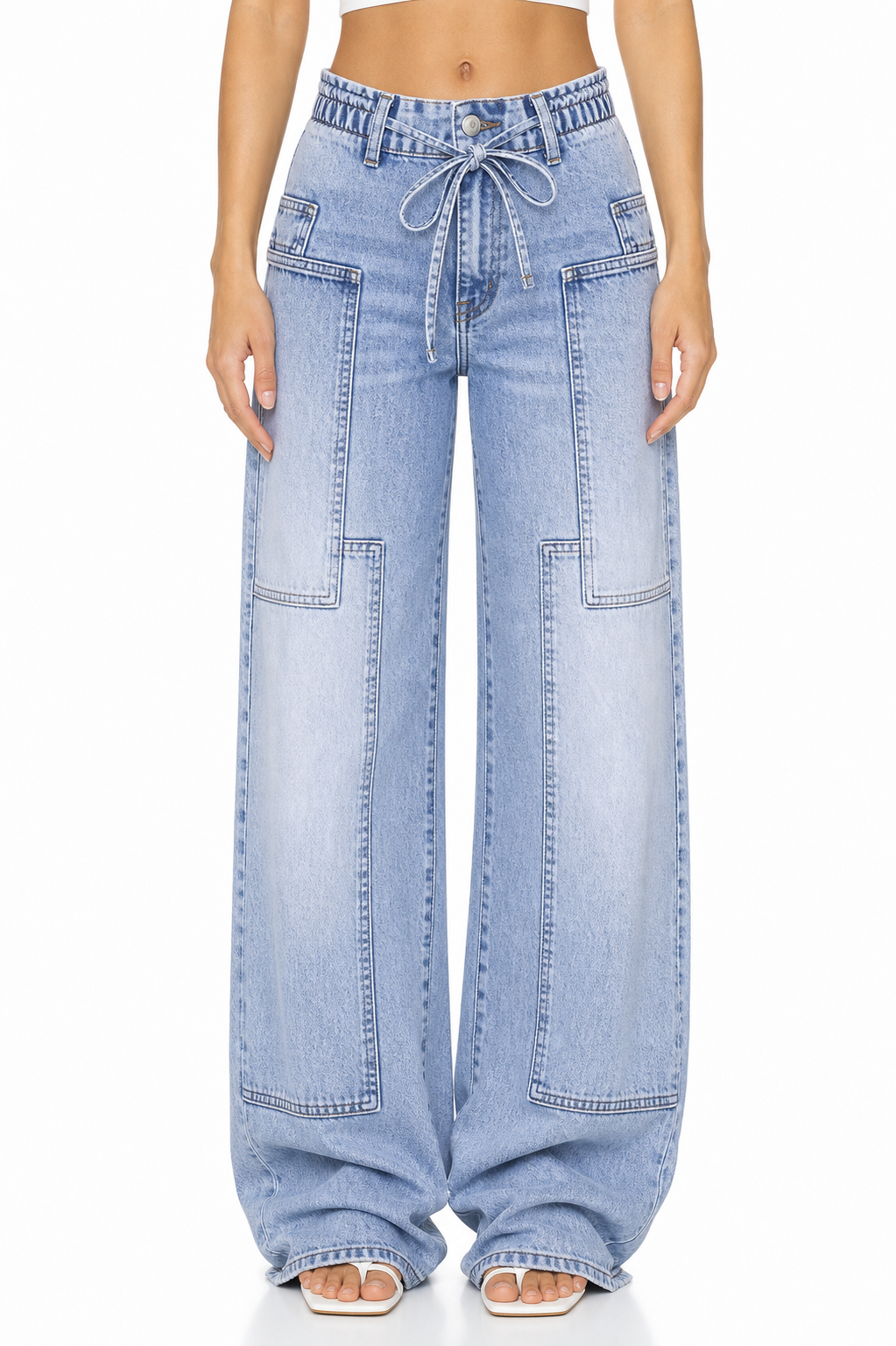 Sunzel Womens Drawstring Wide Leg Jeans High Waisted Denim Pants Cargo Pocket Smoothing Loose Street Jeans