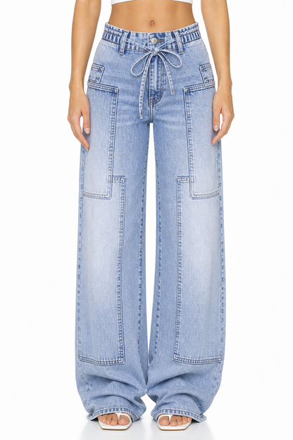 Sunzel Womens Drawstring Wide Leg Jeans High Waisted Denim Pants Cargo Pocket Smoothing Loose Street Jeans