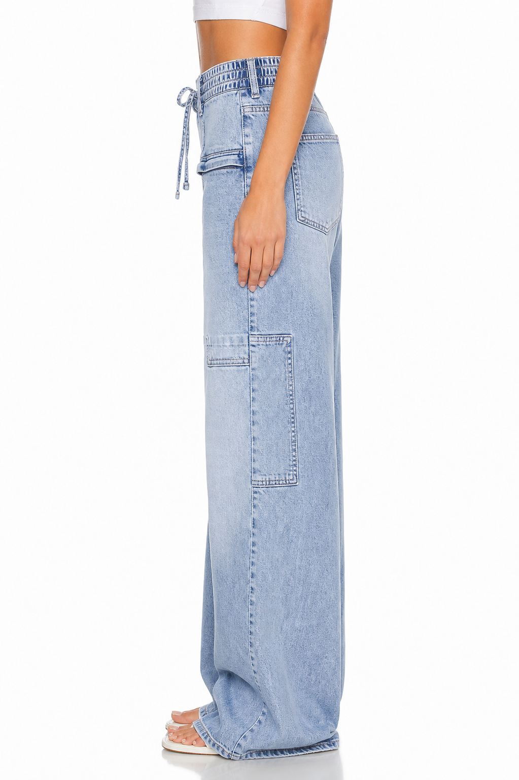 Sunzel Womens Drawstring Wide Leg Jeans High Waisted Denim Pants Cargo Pocket Smoothing Loose Street Jeans