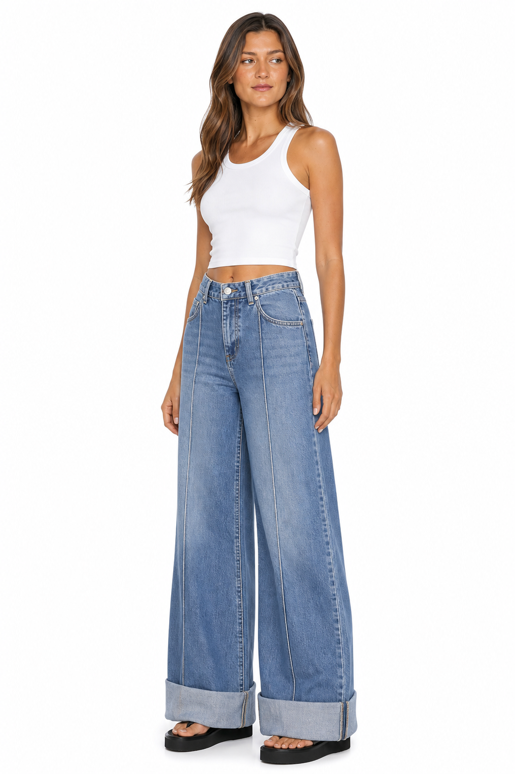 Sunzel Womens Cuffed Wide Leg Jeans High Waisted Denim Pants Front Seam Pocket Smoothing Vintage Straight Jeans