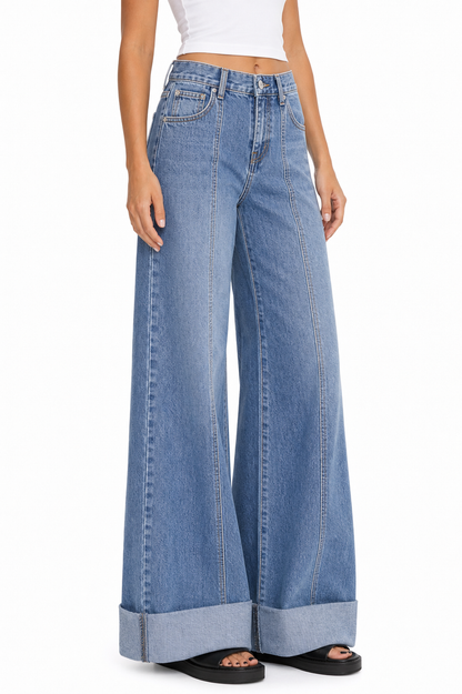 Sunzel Womens Cuffed Wide Leg Jeans High Waisted Denim Pants Front Seam Pocket Smoothing Vintage Straight Jeans