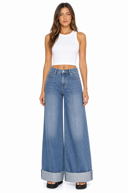 Sunzel Womens Cuffed Wide Leg Jeans High Waisted Denim Pants Front Seam Pocket Smoothing Vintage Straight Jeans