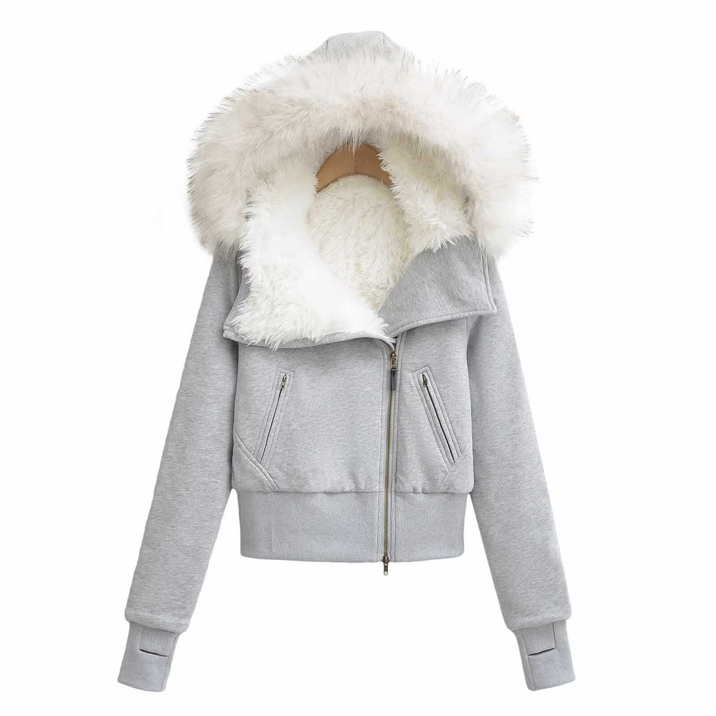 Sunzel Faux Fur Coat for Women Cropped Winter Jacket Oversized Fur Hood Zip Up Warm Fuzzy Coat Y2K Streetwear Outerwear