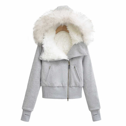 Sunzel Faux Fur Coat for Women Cropped Winter Jacket Oversized Fur Hood Zip Up Warm Fuzzy Coat Y2K Streetwear Outerwear