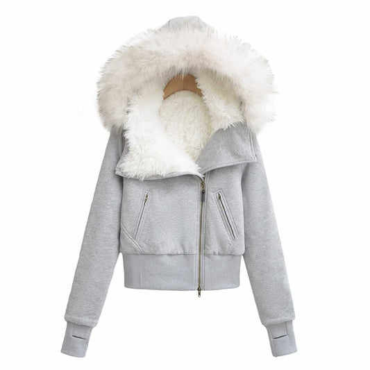 Sunzel Faux Fur Coat for Women Cropped Winter Jacket Oversized Fur Hood Zip Up Warm Fuzzy Coat Y2K Streetwear Outerwear