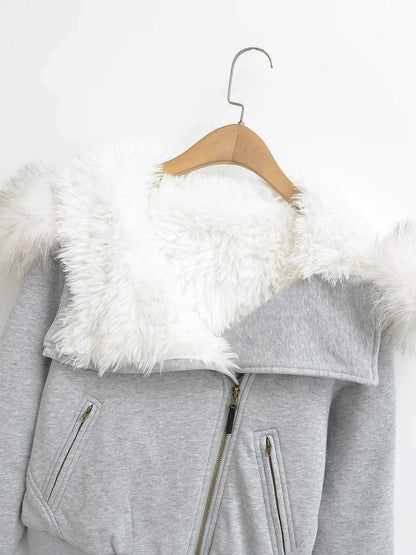 Sunzel Faux Fur Coat for Women Cropped Winter Jacket Oversized Fur Hood Zip Up Warm Fuzzy Coat Y2K Streetwear Outerwear
